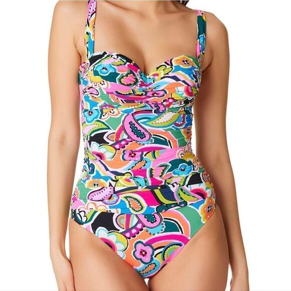 Bleu Rod Beattie Paisley Floral Print Shirred Bandeau One Piece Swimsuit sz 10 - Picture 1 of 16